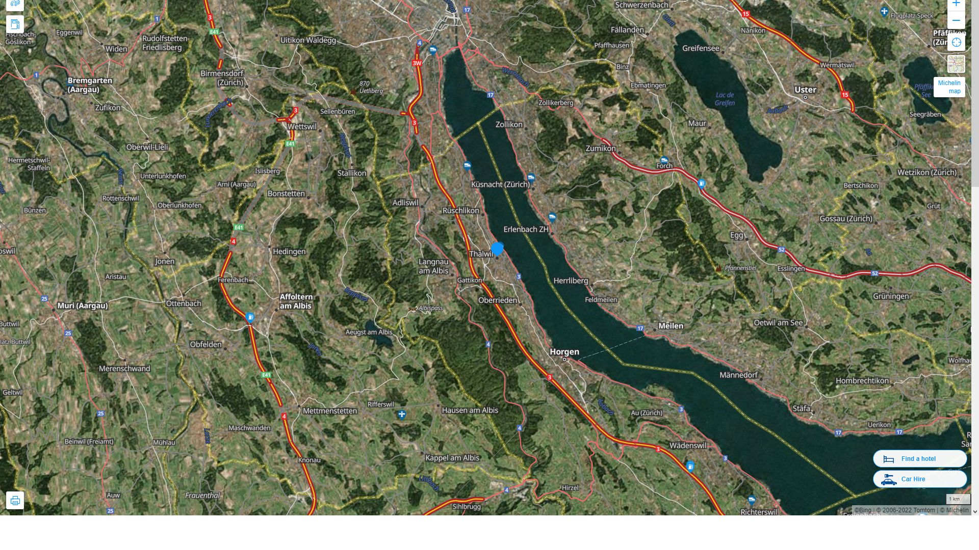 Thalwil Suisse Autoroute et carte routiere avec vue satellite